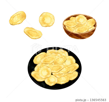 ポテトチップスのセット　料理・食べ物の手描き水彩イラスト素材 136545563