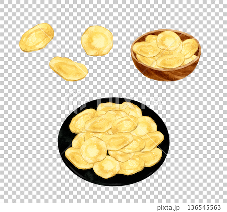 ポテトチップスのセット　料理・食べ物の手描き水彩イラスト素材 136545563