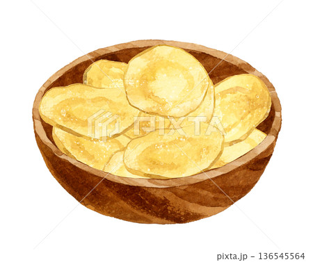 木製の器に盛り付けたポテトチップス 料理・食べ物の手描き水彩イラスト素材 木製の器に盛り付けたポテトチップス 料理・食べ物の手描き水彩イラスト素材 136545564