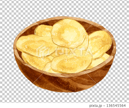 Potato chips served in a wooden bowl. Hand-drawn watercolor illustration of food and cuisine. 136545564