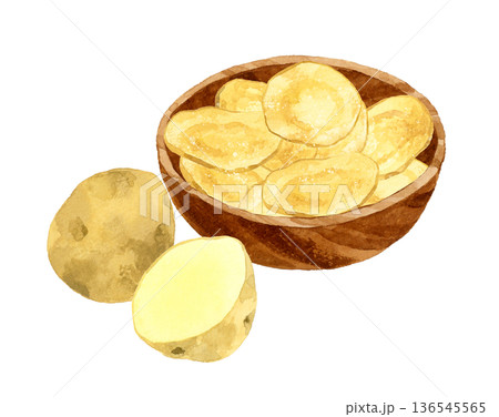木製の器に盛り付けたポテトチップス　料理・食べ物の手描き水彩イラスト素材 136545565