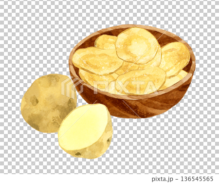 木製の器に盛り付けたポテトチップス　料理・食べ物の手描き水彩イラスト素材 136545565