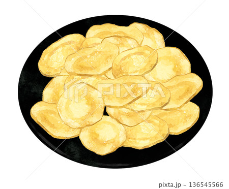 黒色のお皿に盛り付けたポテトチップス　料理・食べ物の手描き水彩イラスト素材 136545566