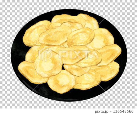 盛放在黑色盤子上的薯片。手繪水彩食物插圖。 136545566