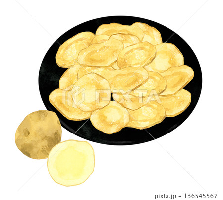 黒色のお皿に盛り付けたポテトチップス 料理・食べ物の手描き水彩イラスト素材 黒色のお皿に盛り付けたポテトチップス 料理・食べ物の手描き水彩イラスト素材 136545567