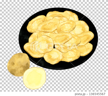黒色のお皿に盛り付けたポテトチップス 料理・食べ物の手描き水彩イラスト素材 黒色のお皿に盛り付けたポテトチップス 料理・食べ物の手描き水彩イラスト素材 136545567