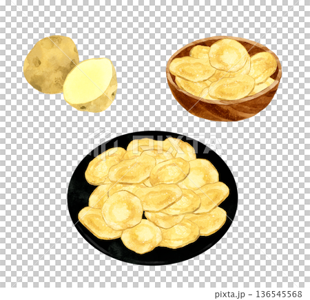 Potato chips and potatoes set. Hand-drawn watercolor illustration of food and cooking. Potato chips and potatoes set. Hand-drawn watercolor illustration of food and cooking. 136545568