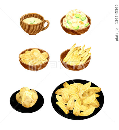 じゃがいもを使った料理のセット　料理・食べ物の手描き水彩イラスト素材 136545569