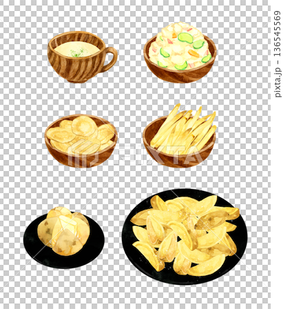 じゃがいもを使った料理のセット　料理・食べ物の手描き水彩イラスト素材 136545569