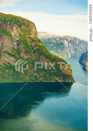 Fjord landscape Aurlandsfjord in Norway 136545884