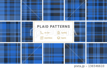 Sophisticated blue tartan plaid pattern featuring interlocking stripes. This timeless textile design is perfect for website backgrounds, fashion apparel, and professional branding. 136546610