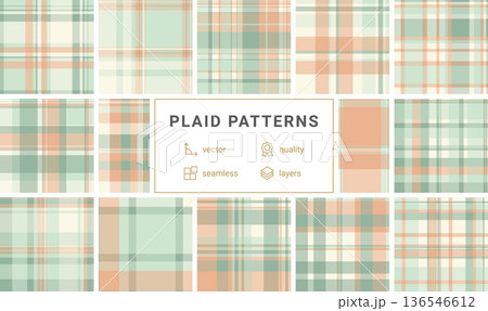 Elegant mint and peach plaid pattern with a seamless twill texture. This soft pastel tartan design is ideal for sophisticated textiles, stationery, home decor, and digital backgrounds. 136546612