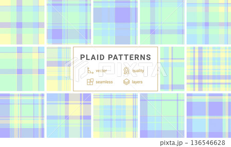 This soft pastel plaid pattern combines mint, lavender, and yellow hues for a fresh, springtime look. Ideal for seamless backgrounds, textile prints, stationery, and creative digital crafts. 136546628