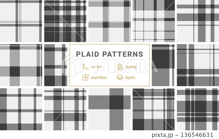 This elegant monochrome plaid pattern features a minimalist design with classic intersecting lines. Ideal for fashion textiles, digital backgrounds, and sophisticated branding projects. 136546631