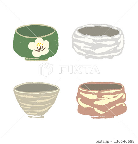 様々なデザインの抹茶碗（茶碗）のイラストセット 136546689