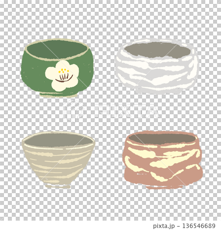 様々なデザインの抹茶碗（茶碗）のイラストセット 136546689