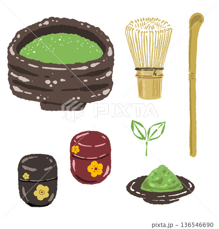 茶筅や棗など茶道のお点前道具セットイラスト 茶筅や棗など茶道のお点前道具セットイラスト 136546690