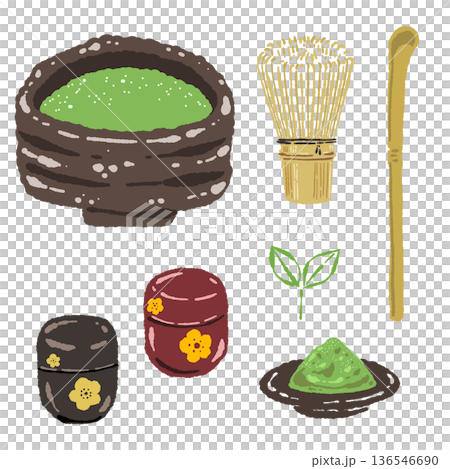 一套茶道用具的插圖，包括茶筅和茶葉罐。 136546690