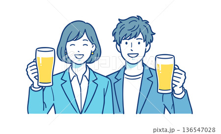 ビールで乾杯するビジネスパーソンの男女イラスト素材 ビールで乾杯するビジネスパーソンの男女イラスト素材 136547028