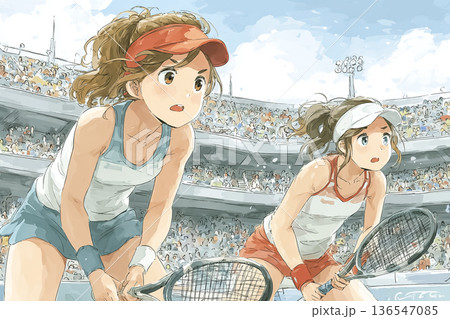 白熱する女子テニスダブルス　スタジアムでの試合風景 136547085