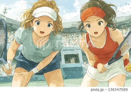 女子テニスの試合中シーン　ラケットを構える女性アスリート 136547089