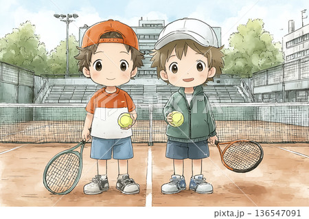 テニスコートで練習する子供たち　笑顔のジュニアプレイヤー 136547091