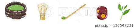 茶筅・茶杓・棗・茶碗など茶道具のミックスライン素材 136547231