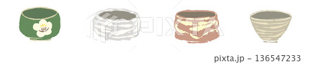 様々な種類の抹茶碗を並べた和風ライン素材 136547233