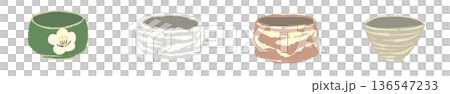 様々な種類の抹茶碗を並べた和風ライン素材 136547233