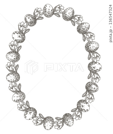 Easter wreath with eggs and jasmine flower in vintage style. Hand drawn vector decorative festive design. Graphic oval frame for outline art greeting card template. Perfect for spring holiday season. 136547324