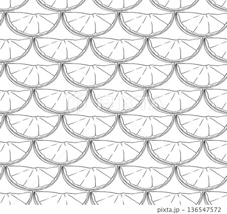 Lemon Orange slices Cafe closeup seamless pattern. hand drawn illustration. Vector graphic line ink black white art. for summer design, wrapping, textile, wallpaper, poster, banner. 136547572