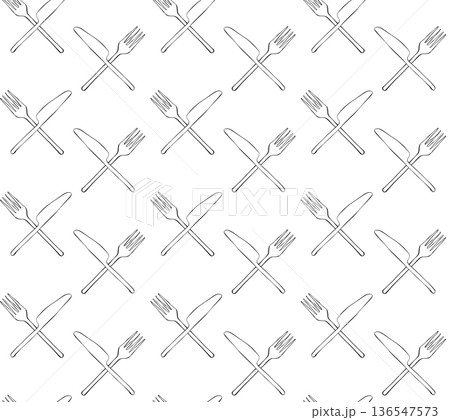 sketch doodle cutlery isolated on white background knife, fork Cafe closeup seamless pattern. hand drawn illustration. Vector graphic line ink black white art. For logo, web, package, sticker. 136547573