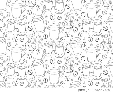 Elegant coffee bean and mugs Cafe closeup seamless pattern. hand drawn illustration. Vector graphic line ink black white art. Perfect vector for cafe logo, branding, packaging, labels Elegant coffee bean and mugs Cafe closeup seamless pattern. hand drawn illustration. Vector graphic line ink black white art. Perfect vector for cafe logo, branding, packaging, labels 136547580