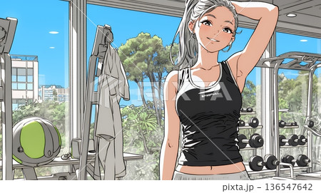 休日にジムで軽く運動する若い女性