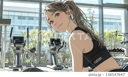 休日にジムで軽く運動する若い女性