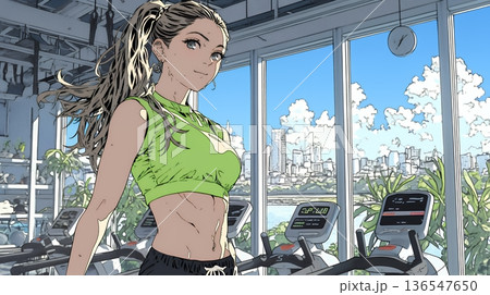 休日にジムで軽く運動する若い女性