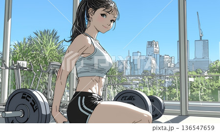 休日にジムで軽く運動する若い女性