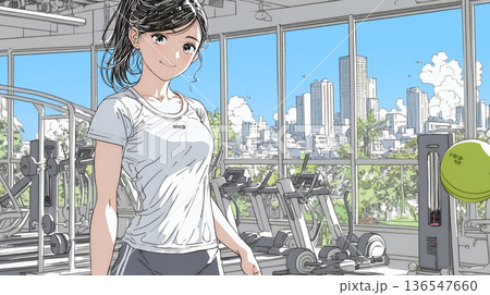 休日にジムで軽く運動する若い女性