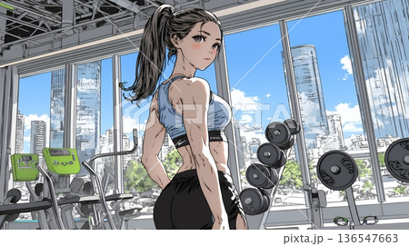 休日にジムで軽く運動する若い女性