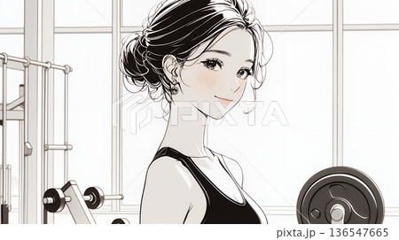 休日にジムで軽く運動する若い女性（シンプルな色使い）