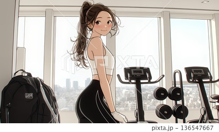 休日にジムで軽く運動する若い女性（シンプルな色使い）