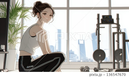 休日にジムで軽く運動する若い女性（シンプルな色使い）