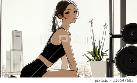 休日にジムで軽く運動する若い女性（シンプルな色使い）