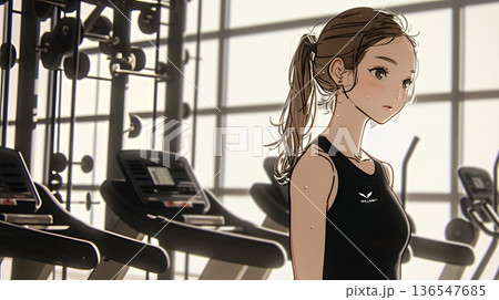 休日にジムで軽く運動する若い女性（シンプルな色使い）