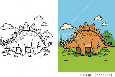 Stegosaurus dinosaur in prehistoric landscape with mountains and clouds kids coloring page 136547824