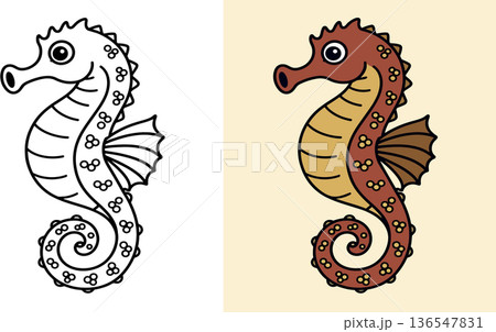 Seahorse marine creature with decorative patterns outline illustration coloring book page Seahorse marine creature with decorative patterns outline illustration coloring book page 136547831