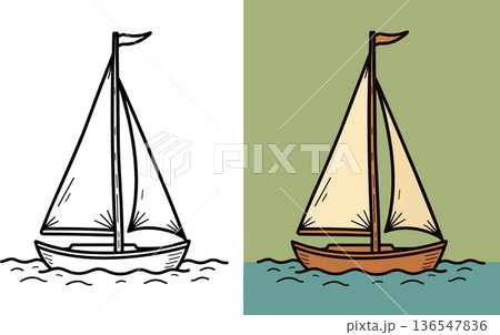 Sailboat coloring page simple yacht ship floating on ocean waves marine travel illustration Sailboat coloring page simple yacht ship floating on ocean waves marine travel illustration 136547836