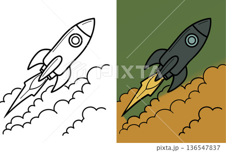 Rocket blasting through clouds with fiery exhaust on white background cartoon drawing 136547837