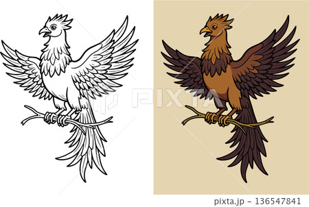 Majestic phoenix bird with outstretched wings perched on tree branch 136547841