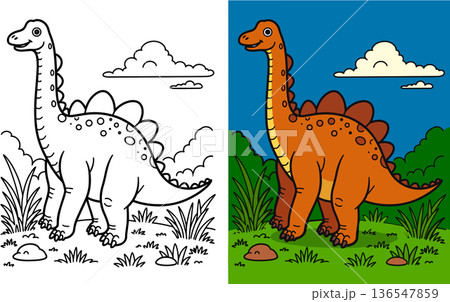 Dinosaur with long neck standing in grassy landscape with clouds cartoon drawing Dinosaur with long neck standing in grassy landscape with clouds cartoon drawing 136547859